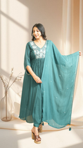 Teal Embroidered Anarkali Kurta Set with Chiffon Dupatta