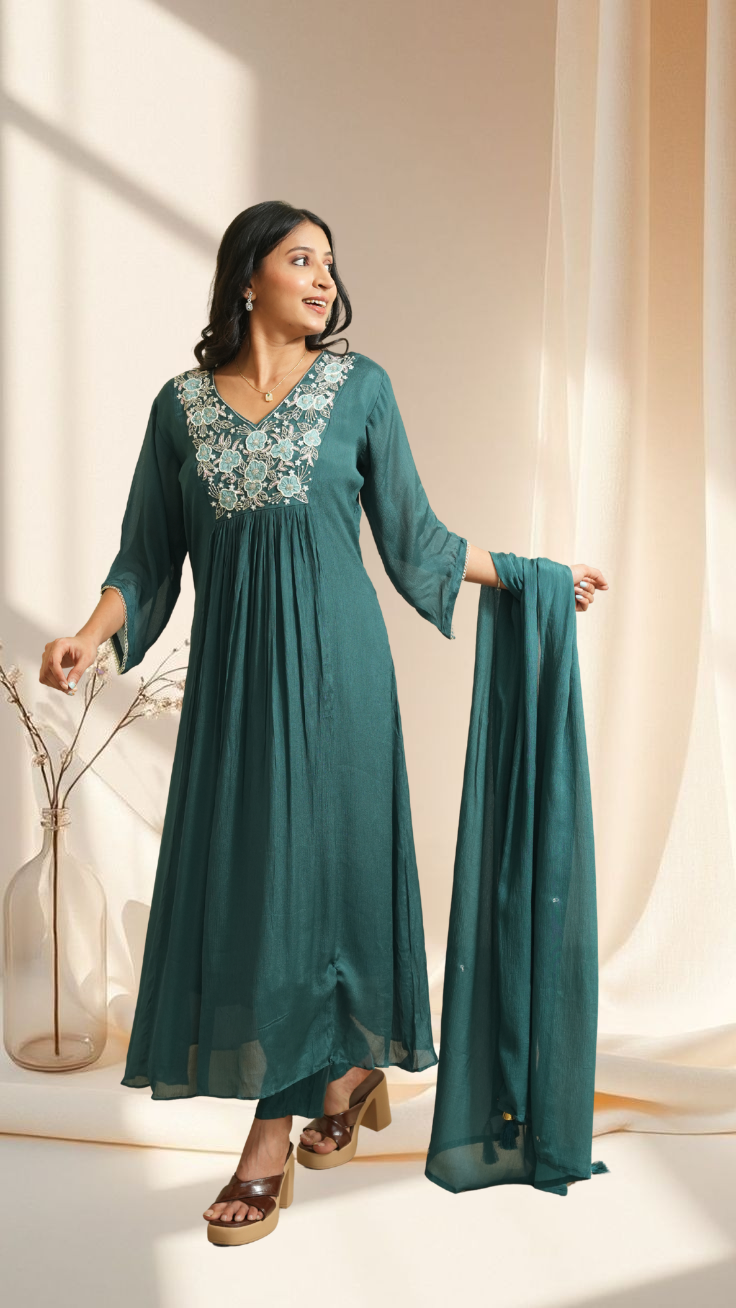 Teal Embroidered Anarkali Kurta Set with Chiffon Dupatta