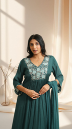 Teal Embroidered Anarkali Kurta Set with Chiffon Dupatta