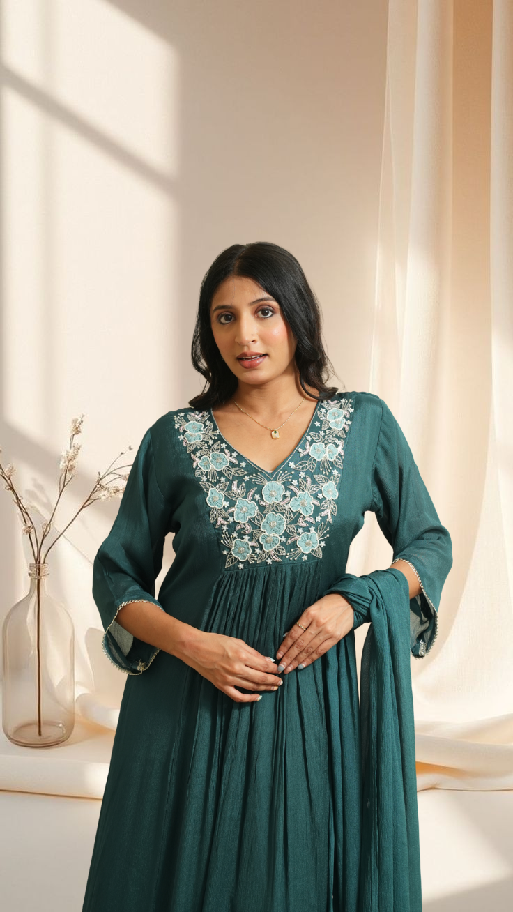 Teal Embroidered Anarkali Kurta Set with Chiffon Dupatta
