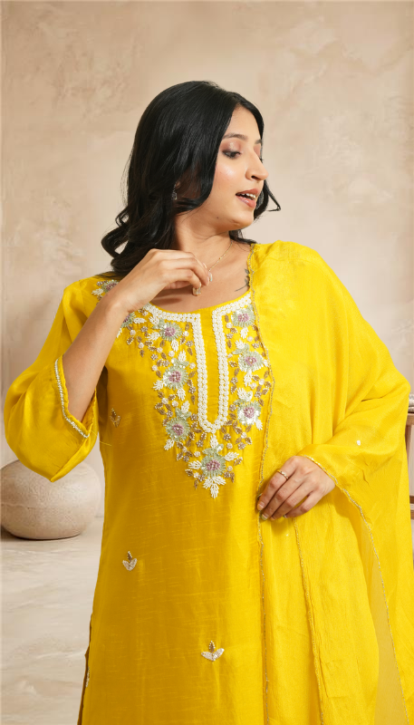 Women Yellow Embroidered Kurta Set with Pants & Dupatta