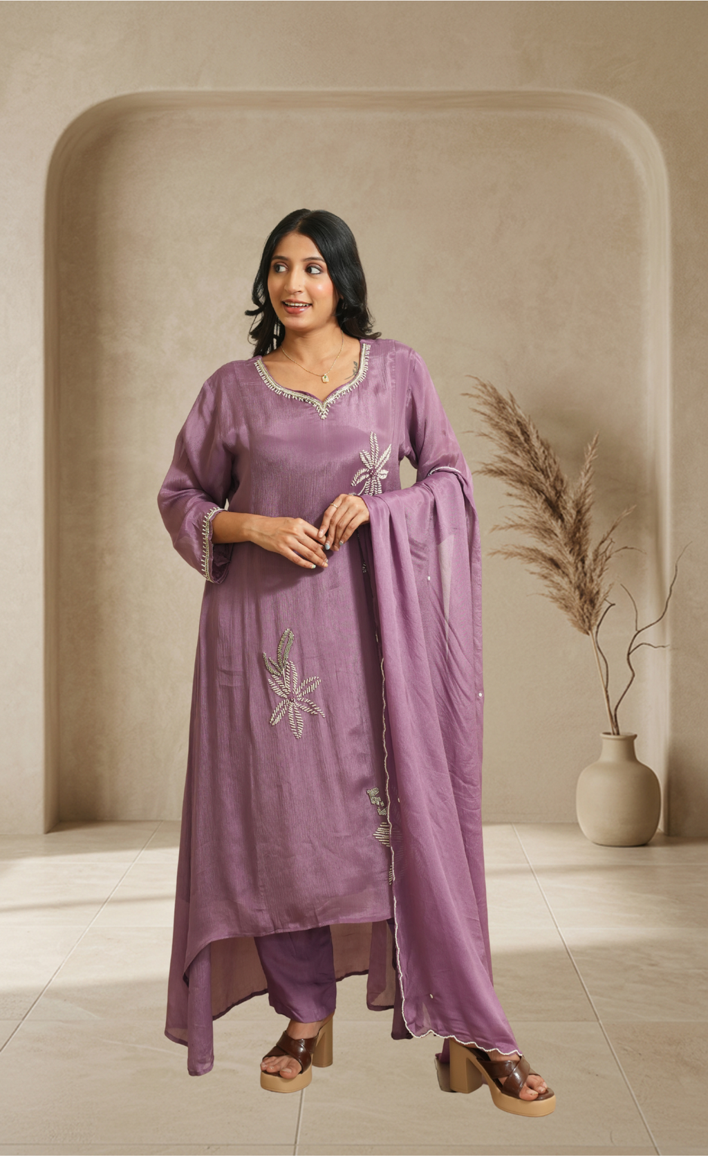 Effortless elegance in a soft lavender kurta set with delicate floral accents