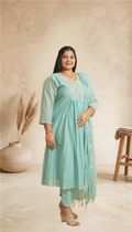 Women pastel turquoise Embroidered A-Line Kurta Set with Dupatta