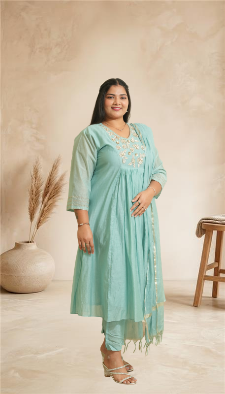 Women pastel turquoise Embroidered A-Line Kurta Set with Dupatta