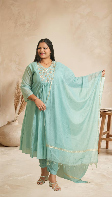 Women pastel turquoise Embroidered A-Line Kurta Set with Dupatta