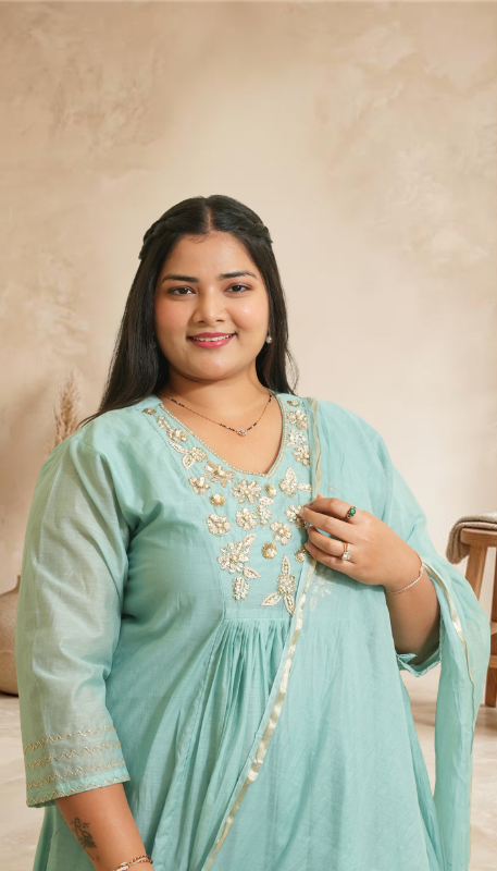 Women pastel turquoise Embroidered A-Line Kurta Set with Dupatta