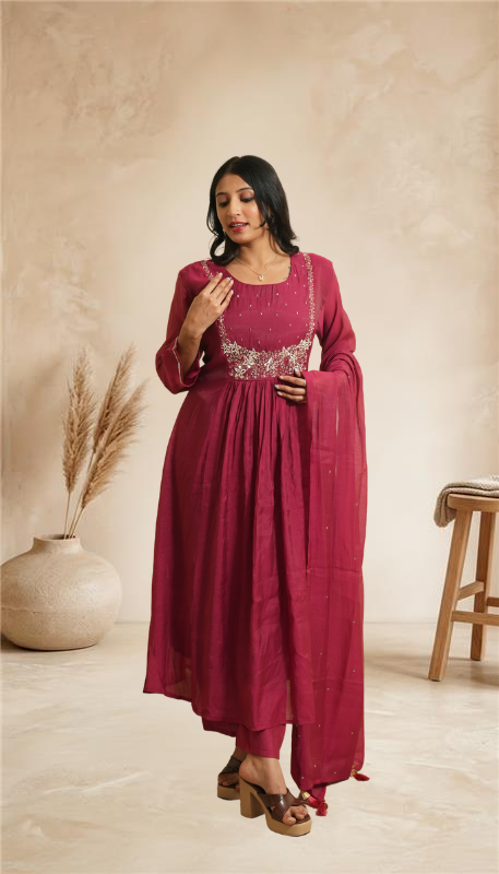 Women elegant Wine Embroidered Anarkali Kurta Set with Dupatta