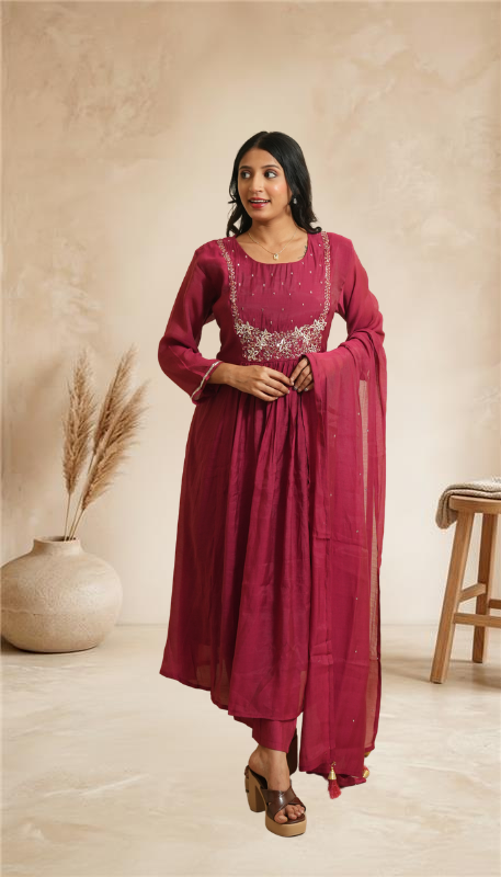 Women elegant Wine Embroidered Anarkali Kurta Set with Dupatta
