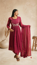 Women elegant Wine Embroidered Anarkali Kurta Set with Dupatta