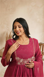 Women elegant Wine Embroidered Anarkali Kurta Set with Dupatta