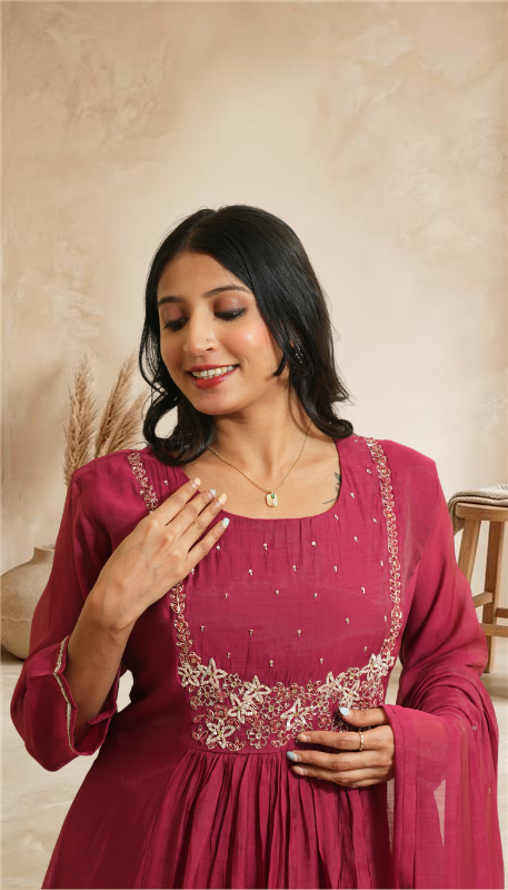 Women elegant Wine Embroidered Anarkali Kurta Set with Dupatta
