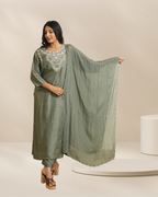 Women Olive Green Embroidered Straight Kurta Set with Dupatta