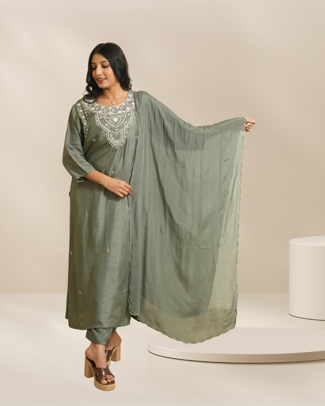 Women Olive Green Embroidered Straight Kurta Set with Dupatta