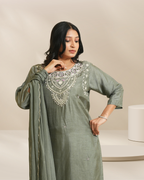 Women Olive Green Embroidered Straight Kurta Set with Dupatta