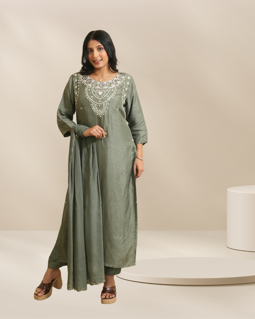 Women Olive Green Embroidered Straight Kurta Set with Dupatta