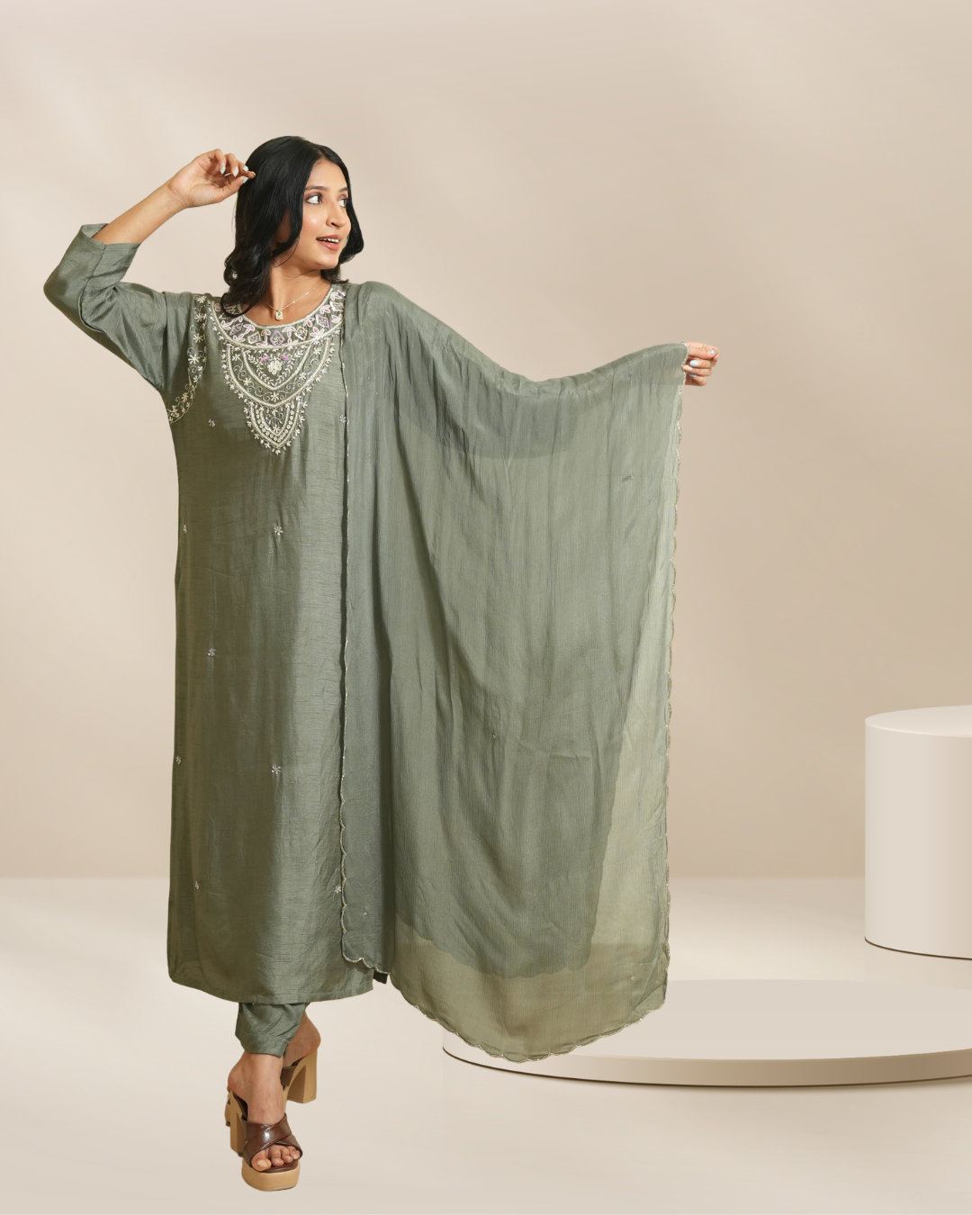 Women Olive Green Embroidered Straight Kurta Set with Dupatta