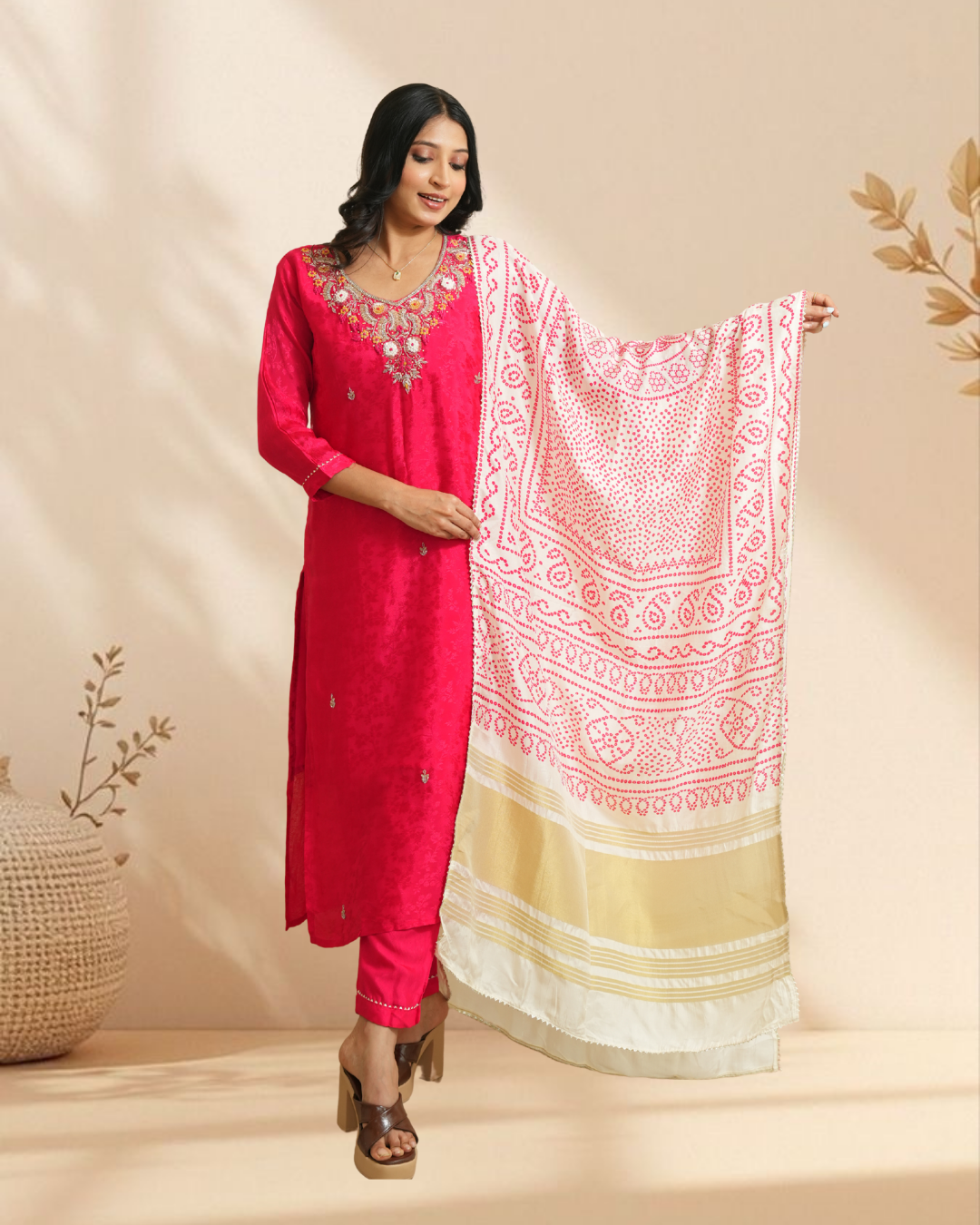 Women Pink Embroidered Kurta Set with Printed Dupatta & Pants