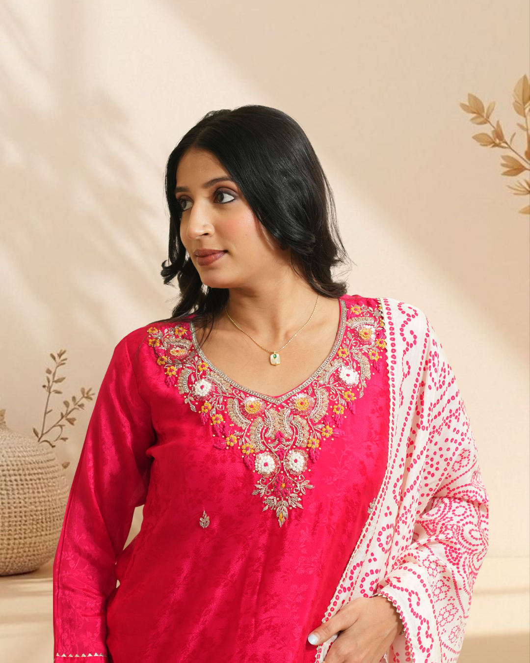 Women Pink Embroidered Kurta Set with Printed Dupatta & Pants