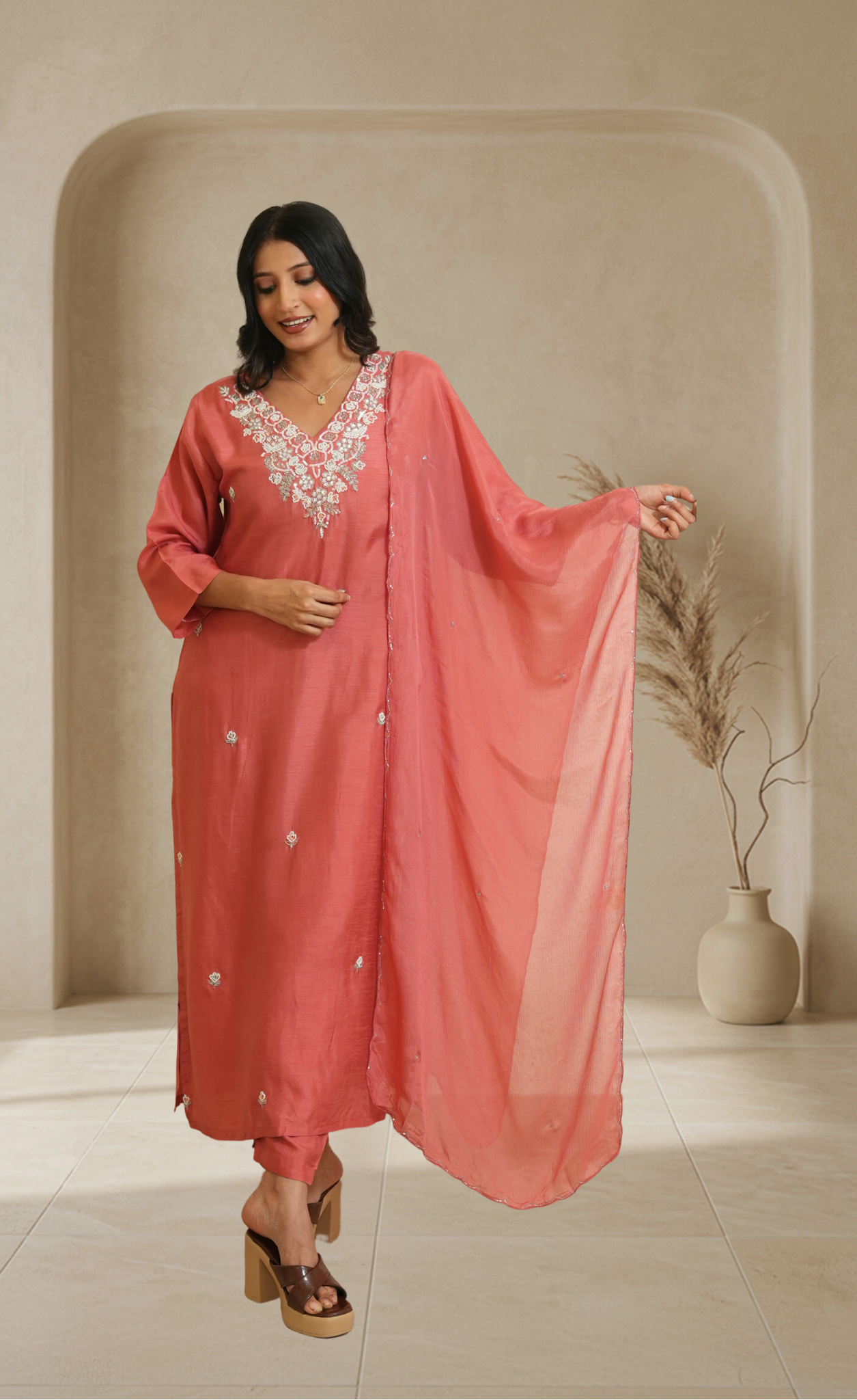 Women Coral Embroidered Kurta Set with Chiffon Dupatta