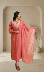 Women Coral Embroidered Kurta Set with Chiffon Dupatta