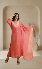 Women Coral Embroidered Kurta Set with Chiffon Dupatta