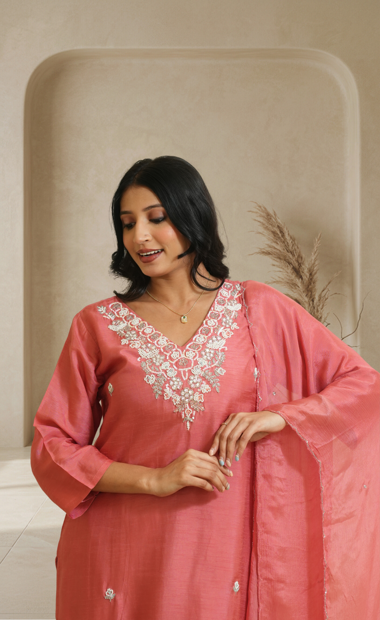 Women Coral Embroidered Kurta Set with Chiffon Dupatta