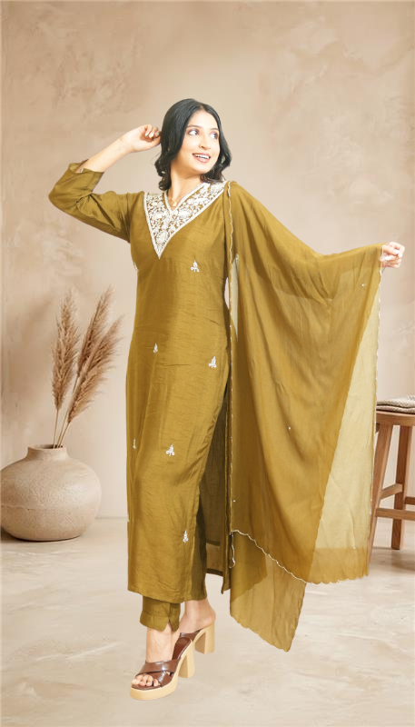 Women mahendi green Embroidered Straight Kurta Set with Dupatta