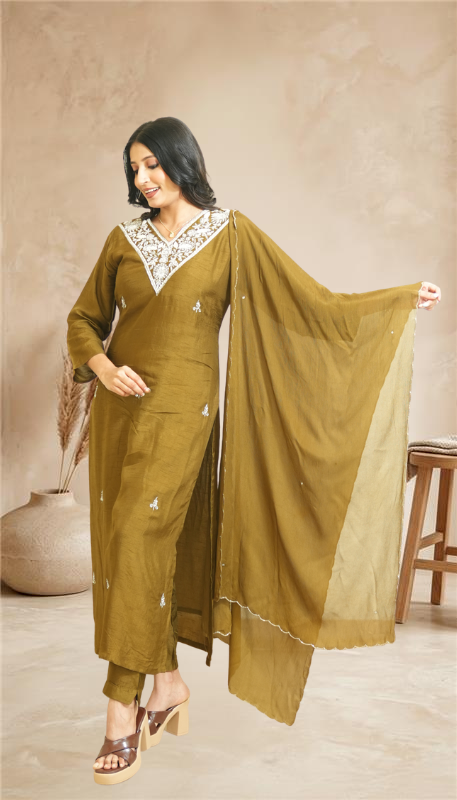 Women mahendi green Embroidered Straight Kurta Set with Dupatta