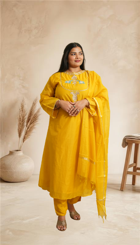 Women Mustard Yellow Embroidered Kurta Set with Pants & Dupatta