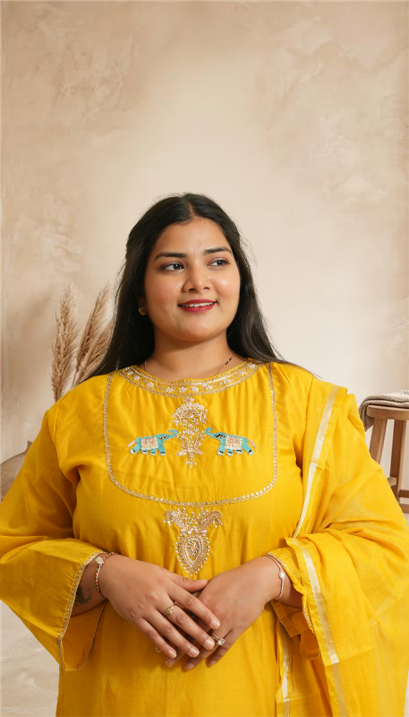 Women Mustard Yellow Embroidered Kurta Set with Pants & Dupatta