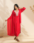 Red pure chnderi silk with heavy mirror work of kurta set with pant and dupatta
