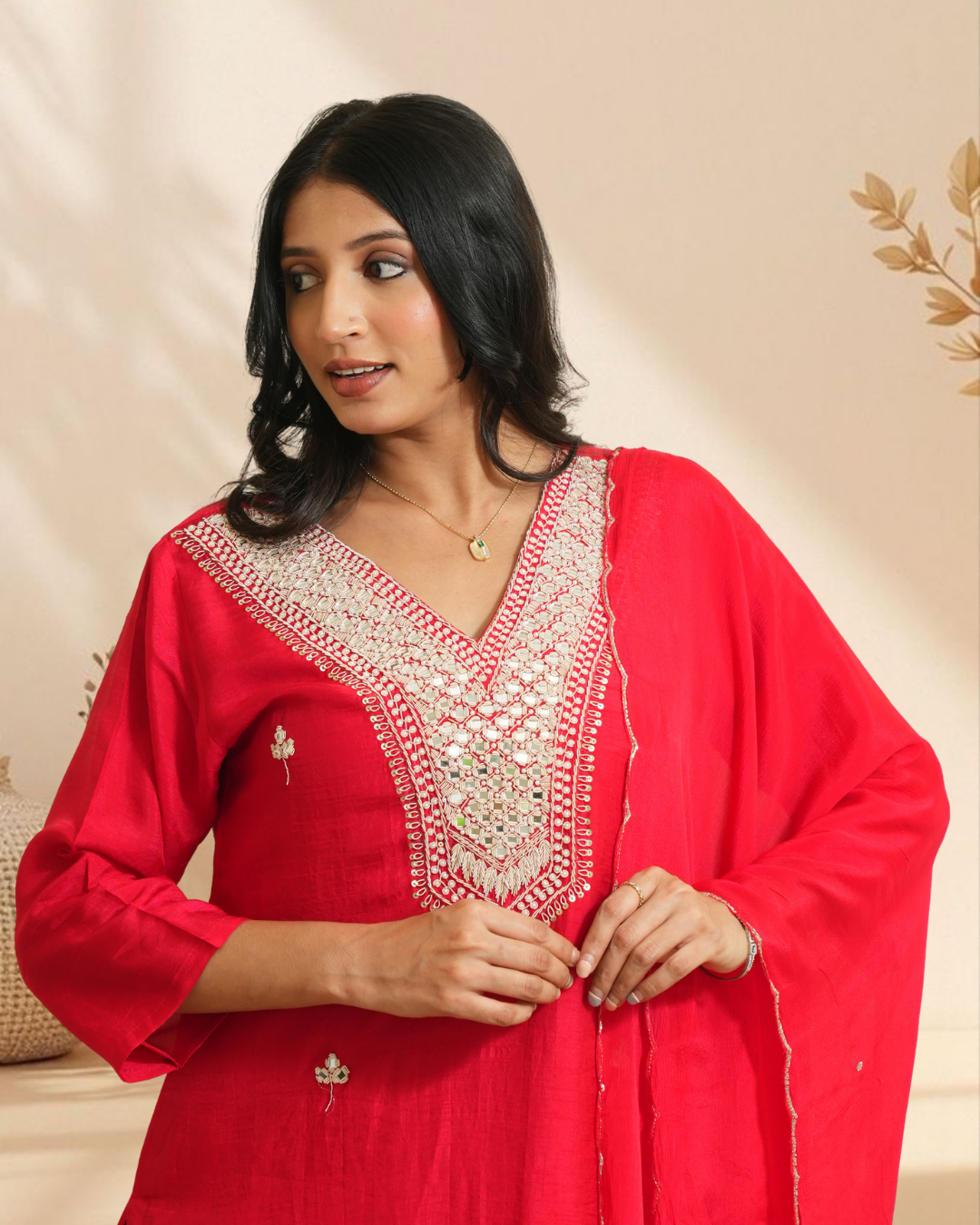 Red pure chnderi silk with heavy mirror work of kurta set with pant and dupatta