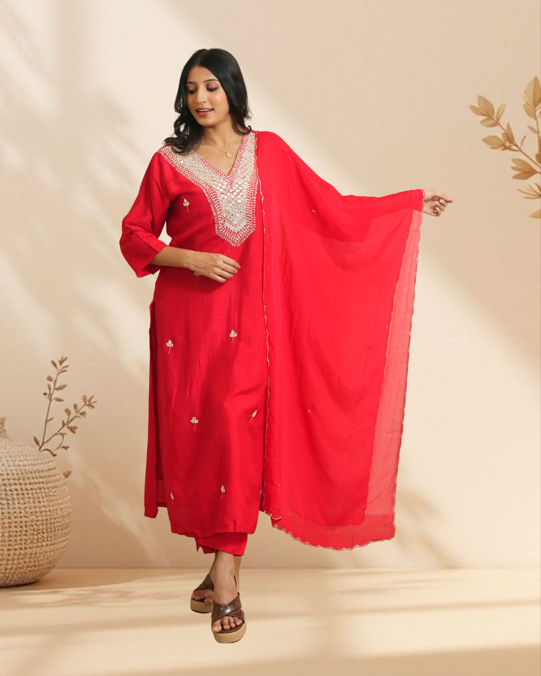 Red pure chnderi silk with heavy mirror work of kurta set with pant and dupatta