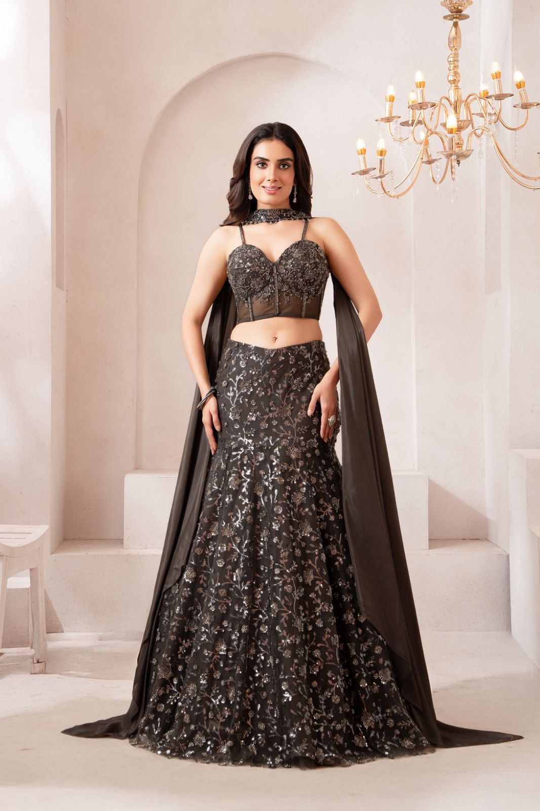 Elegant Black Embroidered Lehenga Set for Glamorous Evening & Wedding Celebrations