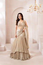 Elegant Champagne Gold Draped Lehenga Set for Glamorous Festive Evenings