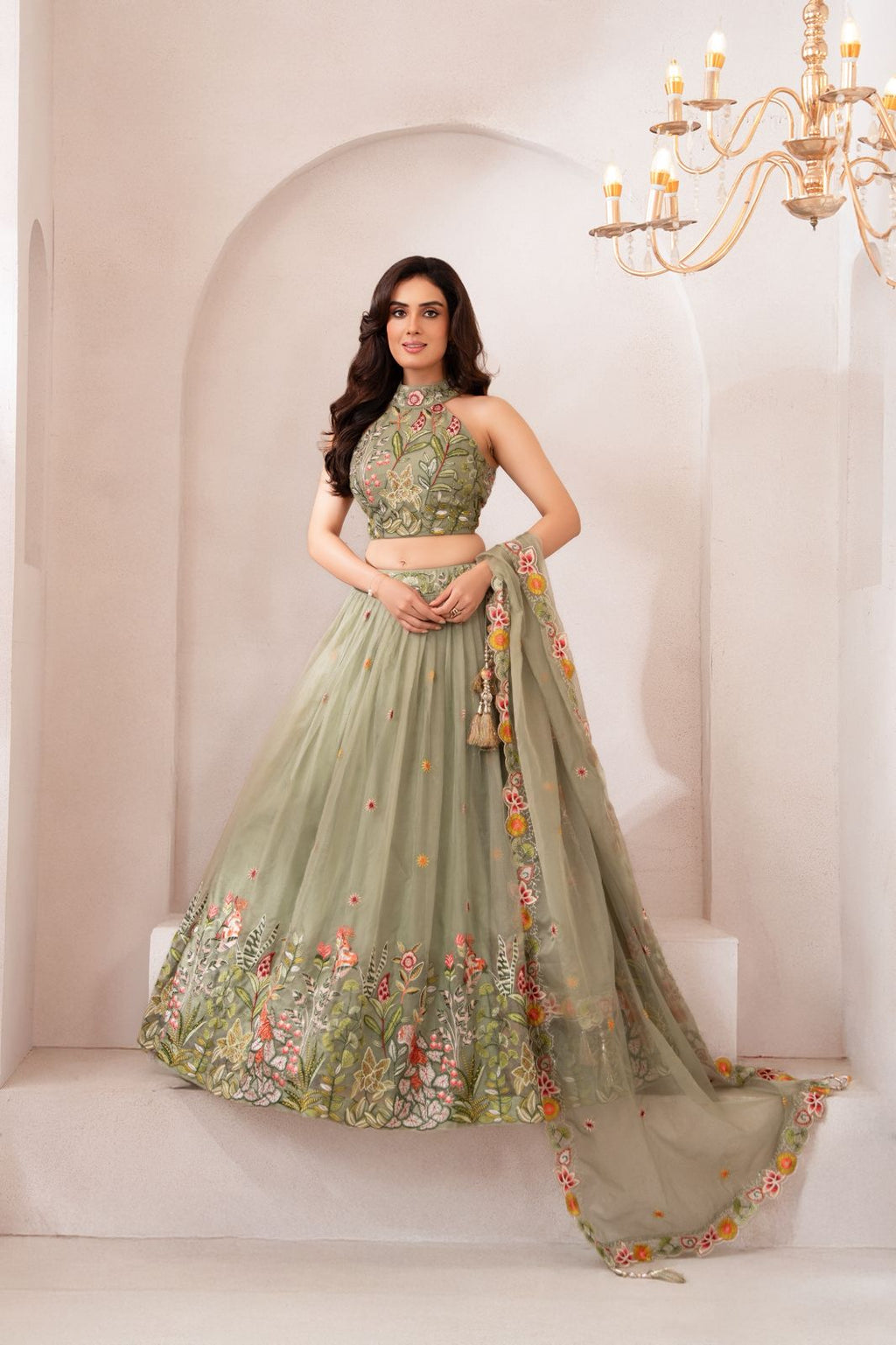 Elegant Sage Green Floral Embroidered Lehenga Set for Festive & Wedding Occasions