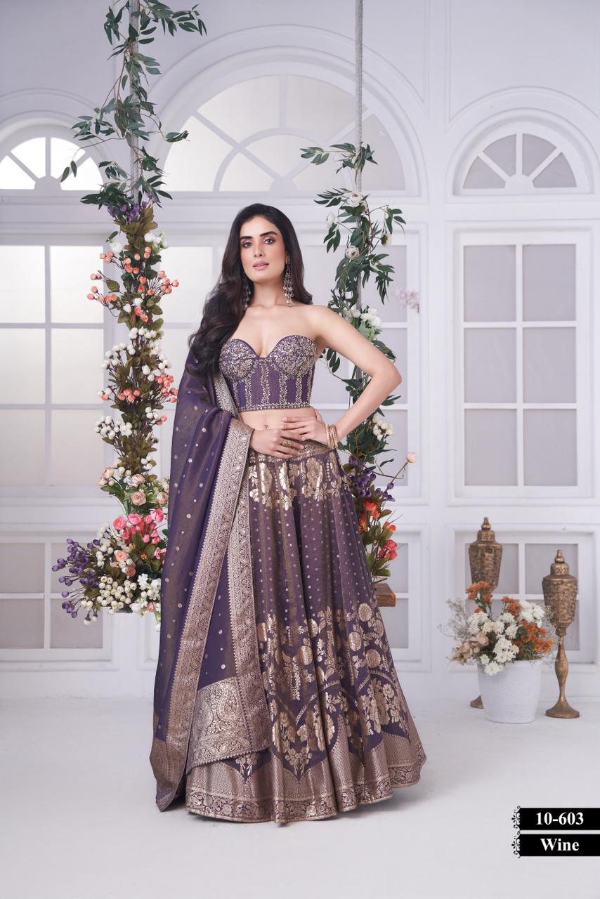 Royal Wine Elegance – A Timeless Banarasi Lehenga for Grand Celebrations