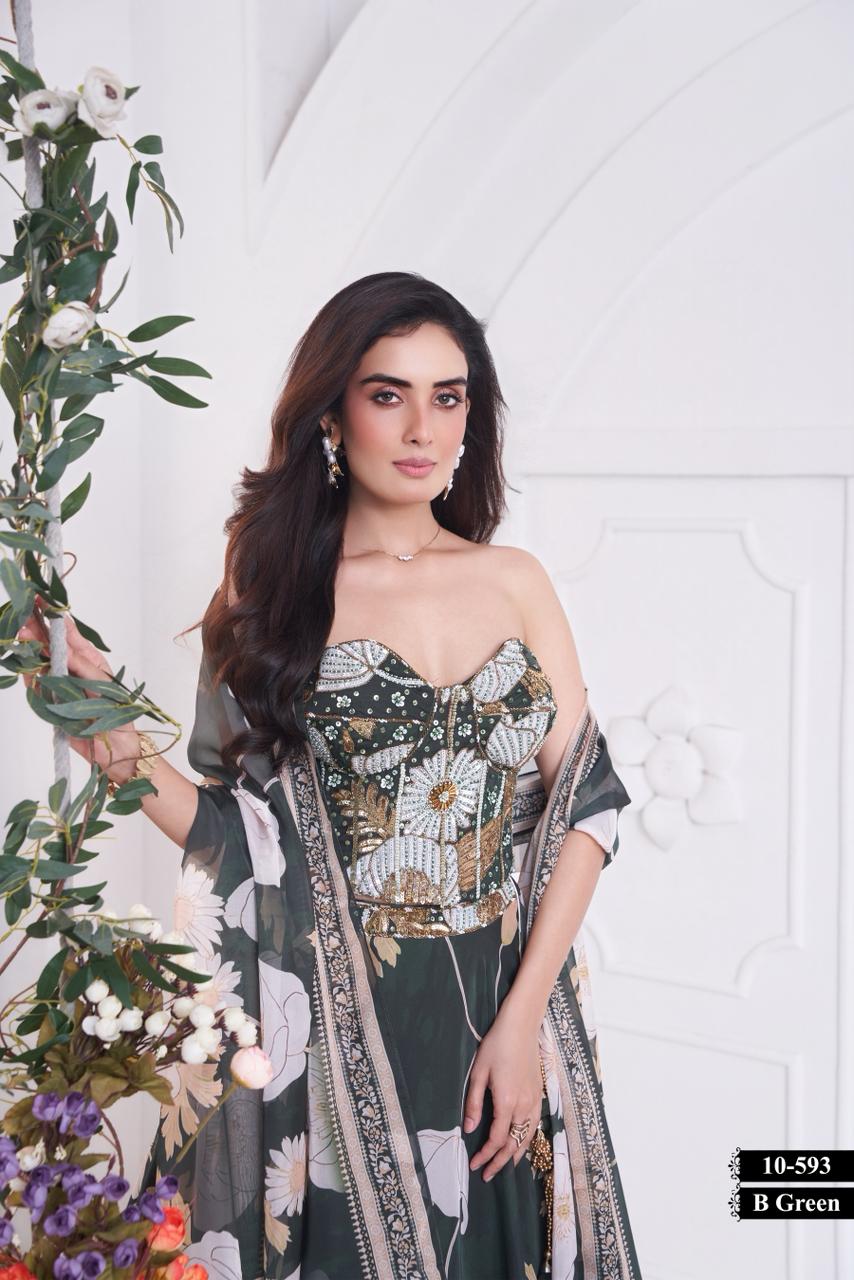 Elegant Bottle Green Lehenga Set with Intricate Embellished Corset Blouse