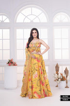 Women Yellow Floral Printed Ruffle Blouse Lehenga Set with Dupatta