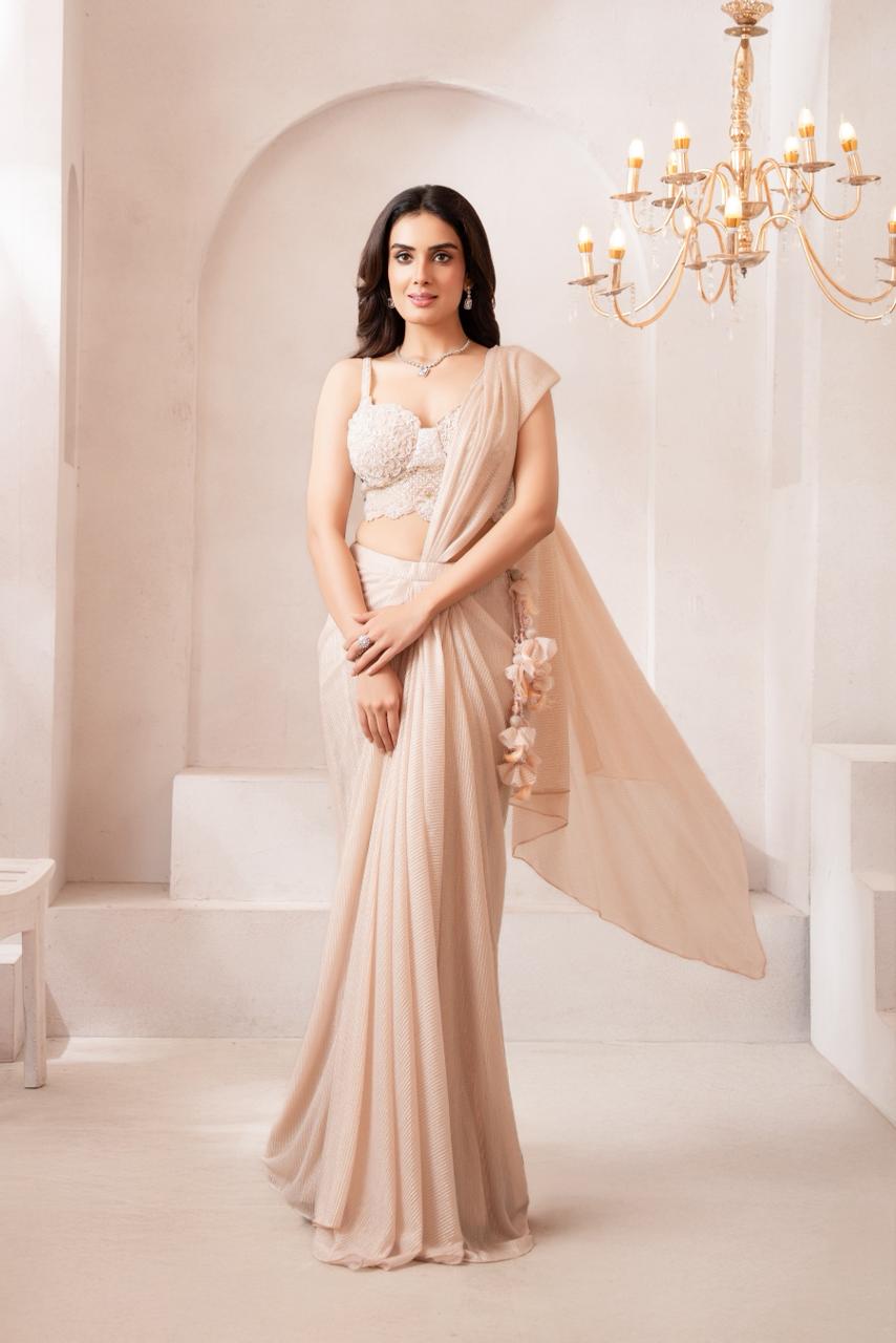 Elegant Champagne Beige draped saree Set for Graceful Festive Glam