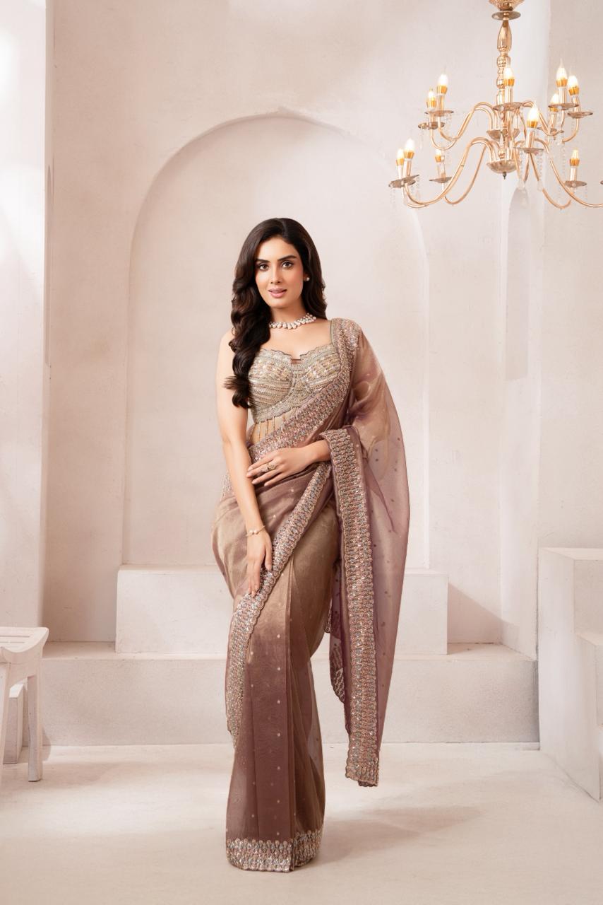 Elegant taupe Brown Embroidered Saree with Designer Blouse – Perfect for Wedding & Festive Wear