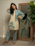 Women Beige & Green Printed Kurta with Striped Pants Co-ord Set