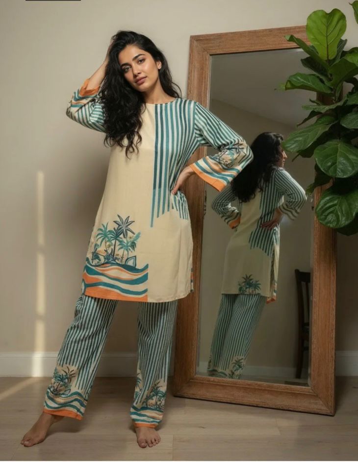 Women Beige & Green Printed Kurta with Striped Pants Co-ord Set