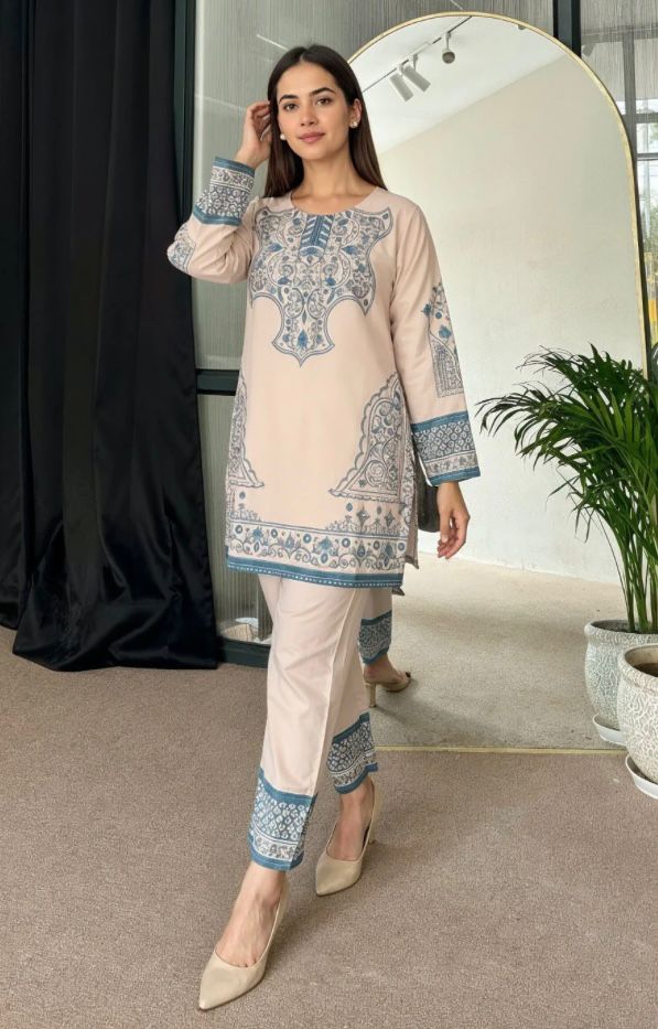 Beige & Blue Ethnic Motif Printed Straight Kurta with Trousers Set