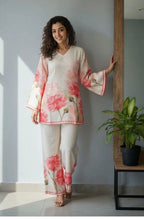 Women Cream Floral Printed Co-Ord Kurta & Pant Set with Bell Sleeves