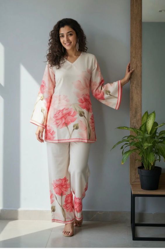 Women Cream Floral Printed Co-Ord Kurta & Pant Set with Bell Sleeves