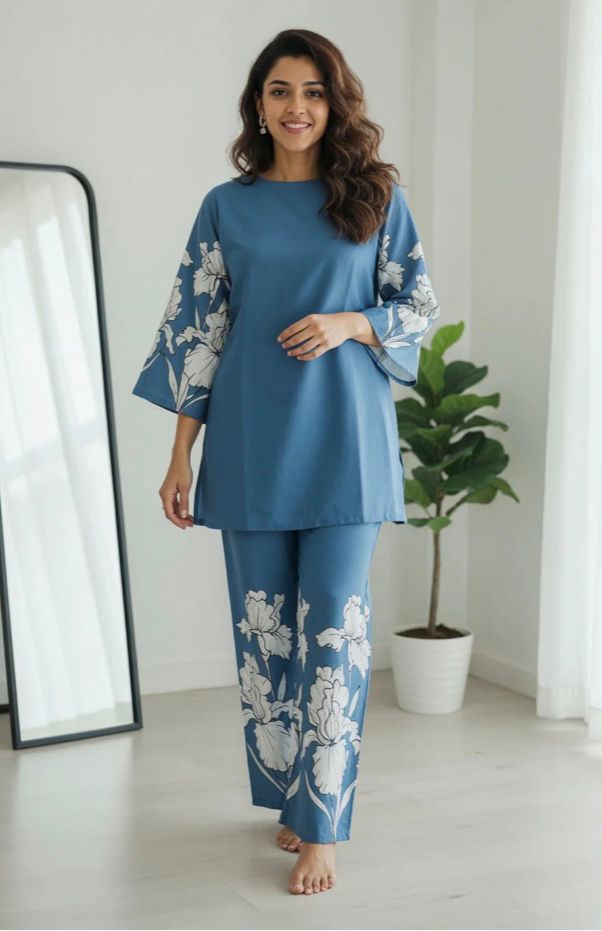 Women Blue Floral Printed Co-Ord Set with Bell Sleeve Kurta & Straight Pants