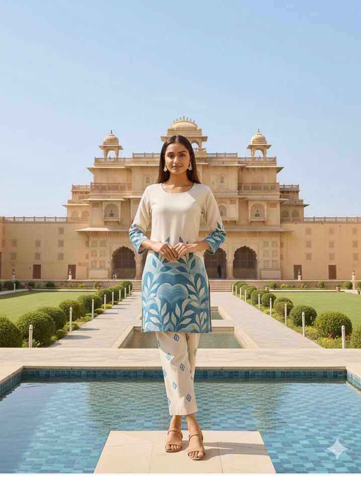 Women Cream & Blue Printed Straight Kurta with Trousers Set