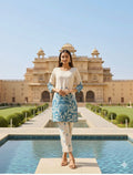 Women Cream & Blue Printed Straight Kurta with Trousers Set
