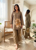 Women Olive Brown Floral Printed Kurta & Straight Pant Co-Ord Set